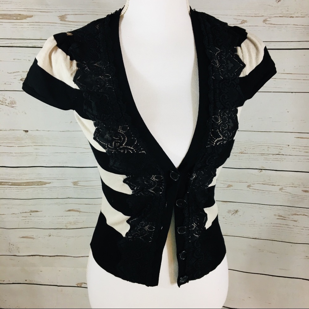 INC Black White Short Sleeve Button Up Sweater XS